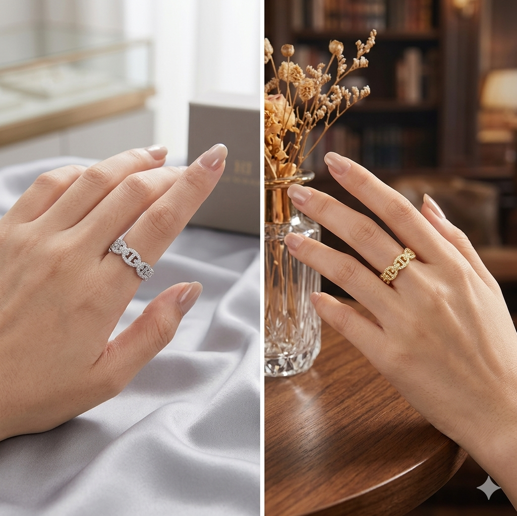 🌟 Bague Maillons Pavés – En Or ou Argent