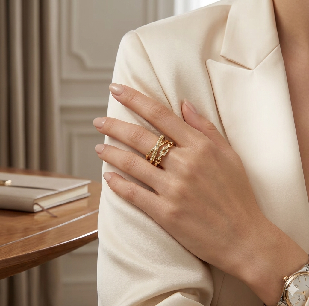 Bague Multi-Rangs Croisés Dorée et Lignes de Zirconium